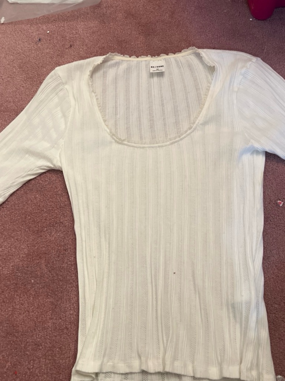 Re/Done Scoop Neck White Ribbed Short Sleeve Top
